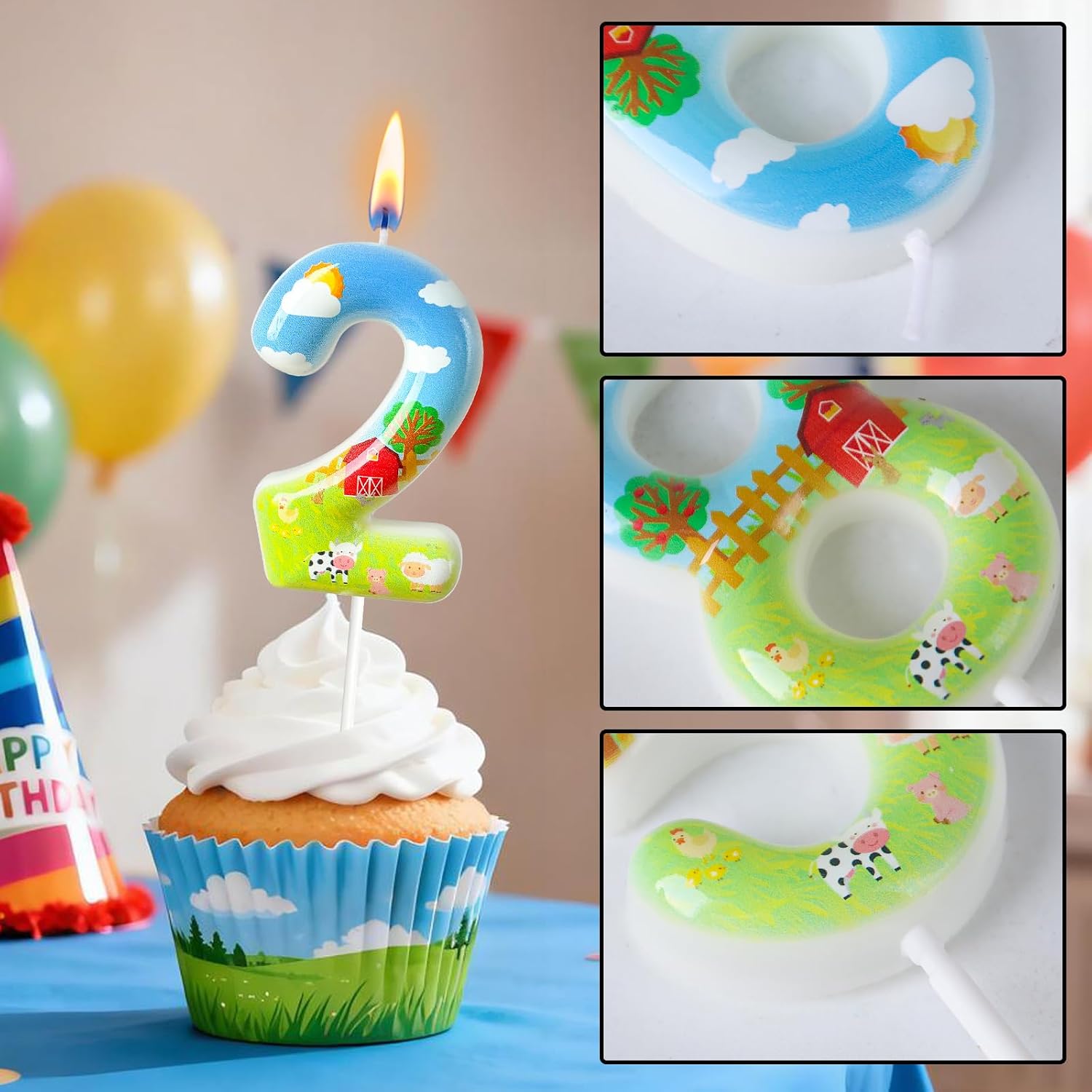 Farm Theme Number 2 Birthday Candle, Barnyard Cake Topper for Boys Girls, Farm Party Cake Decoration