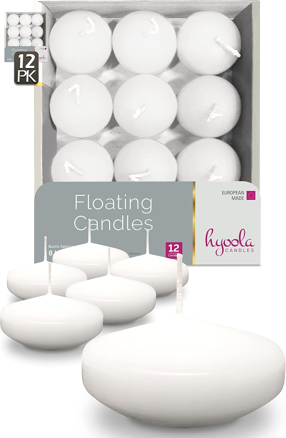 Hyoola Premium White Floating Candles 3 Inch - 8 Hour - 12 Pack - European Made