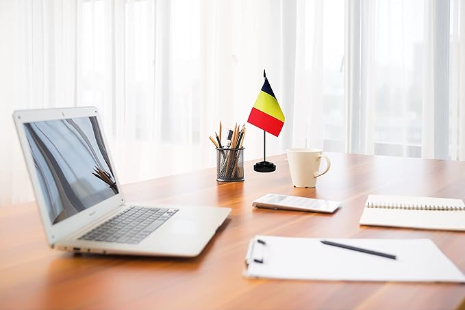 Romania Romanian Deluxe Desk Flag Set Small Mini Miniature Romania Romanian Table Desktop Flags With Solid Pole, Black Base and Spear Top(2 Pack)