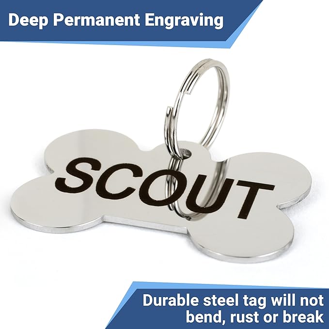 GoTags Stainless Steel Pet ID Tags, Personalized Dog Tags and Cat Tags, up to 8 Lines of Custom Text, Engraved on Both Sides, in Bone, Round, Heart, BowTie and More (Ranger Badge, Regular (Pack of 1))