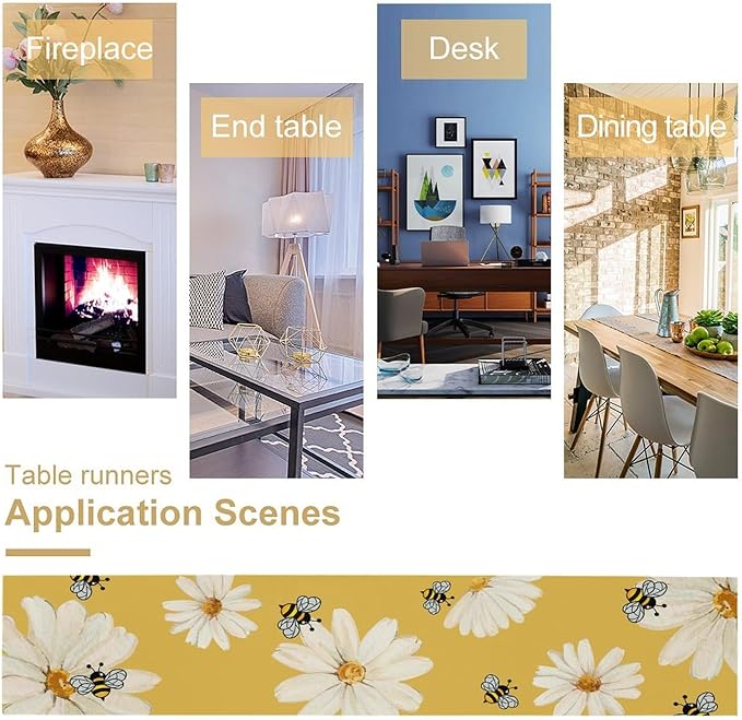 Daisy Flower Table Runner, Summer Spring Seasonal Watercolor Wildflower Yellow Bee Print Table Cover for Home Party Decor Kitchen Dining Table, 13x70inch