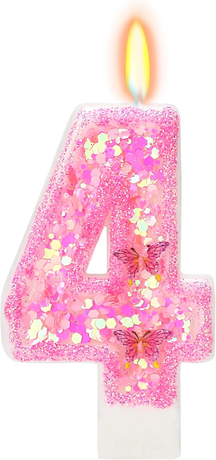 Pink Birthday Candles - Number 4 Candle for Birthday Girl, Butterfly Number Candles for Princess Theme Party Supplies