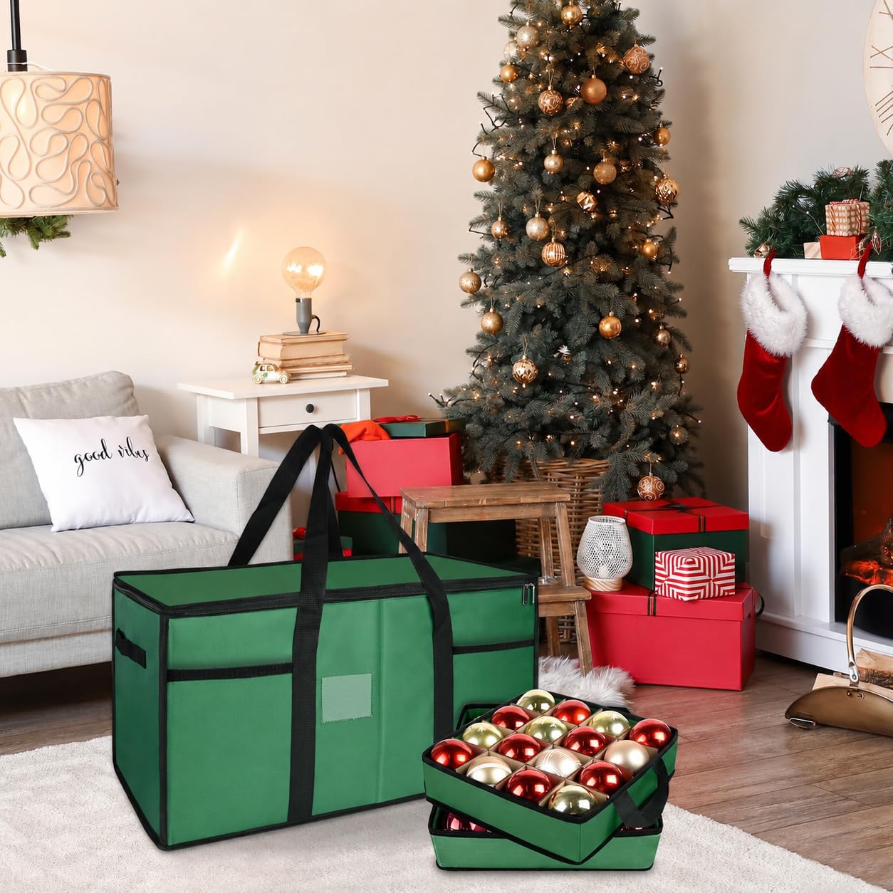 Christmas Ornament Storage Box with Dividers, Christmas Balls Storage Containers with Zipper & 8 Removable Trays, Holds Up to 128 Balls - 600D Oxford Christmas Decoration Storage Organizer (Green)
