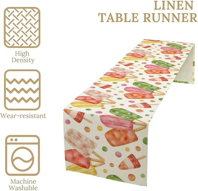 Summer Popsicles Table Runner, Watercolor Colorful Fruit Ice Cream Pops Berry Kiwi Cold Summer Sweet Seasonal Dinner Runner for Party Holiday Home Kitchen Dining Table Decor 13"x108"