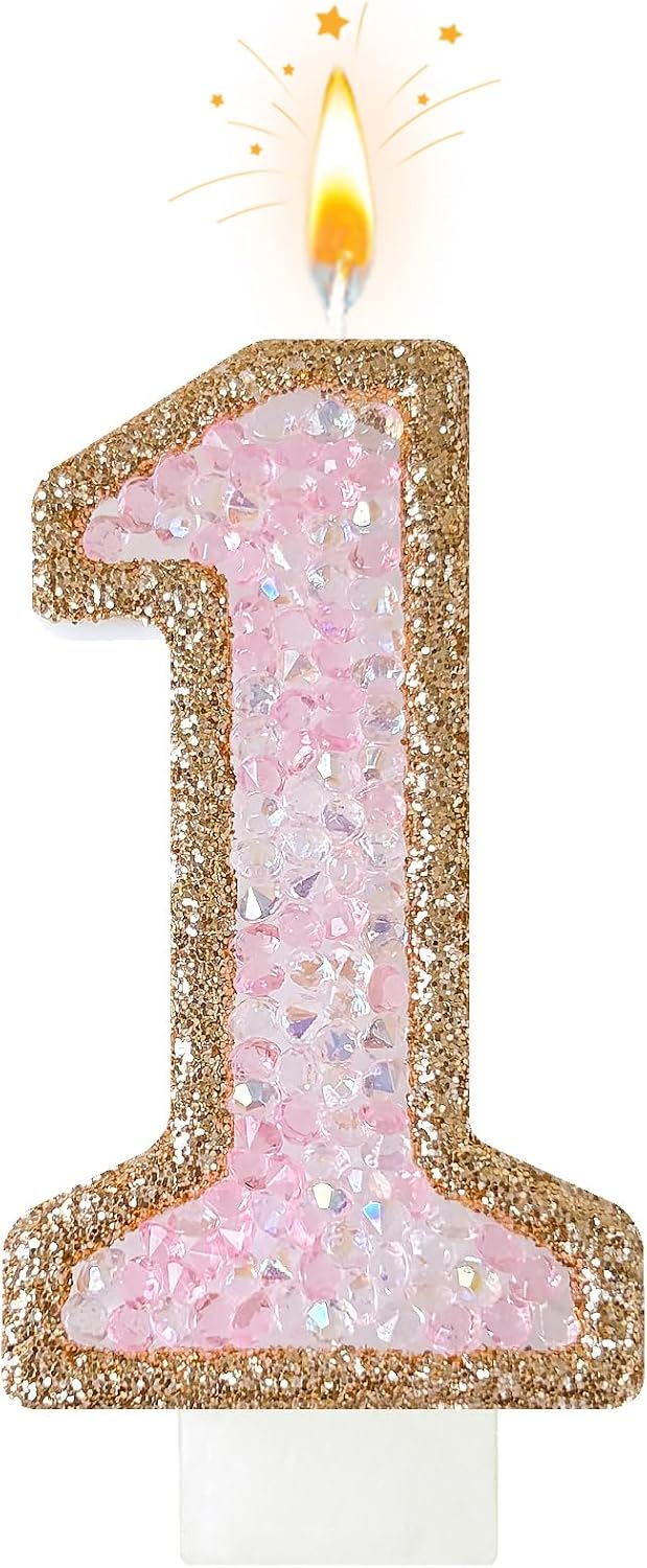 Minyu Iridescent Rhinestone Number Candles, Shimmering Sequins for Birthday Cake Decorations, Suitable for Birthdays, Anniversaries, Wedding Celebrations, and Dessert Table setups. (1, F)