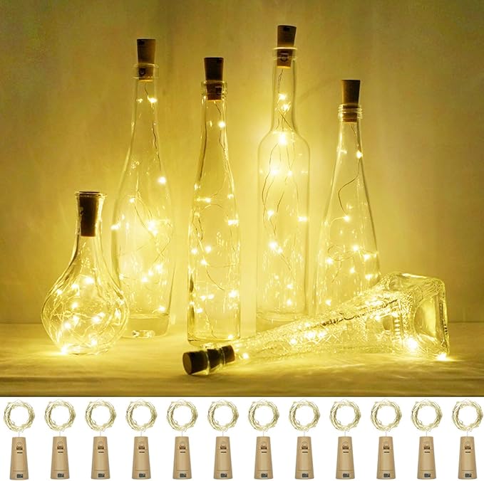 Wine Bottle Lights with Cork, 12 Pack Battery Operated 12 LED Cork Shape Silver Wire Colorful Fairy Mini String Lights for DIY, Party, Christmas, Halloween,Wedding Decor (Warm White)