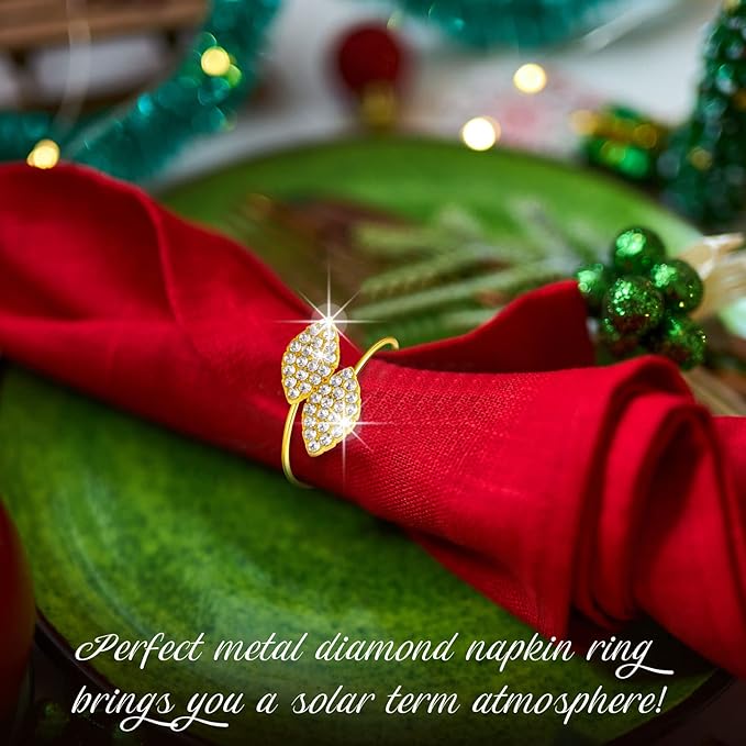 Hotop 500 Pcs Napkin Rings Gold Table Decorations, Elegant Bling Leaves Napkin Rings, Rhinestone Guest Towels Buckle for Wedding Gold Party, Thanksgiving Christmas Dinner Banquet Table Decoration