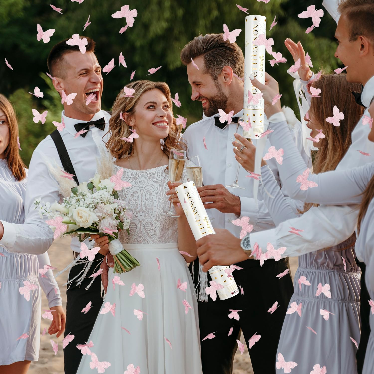 Confetti Cannon Butterfly Confetti Poppers 12 Pack Party Poppers 12 inch Pink Confetti Shooters Butterfly Sticks for Wedding Birthday Graduation Anniversary Bridal Shower Valentines Christmas New Year