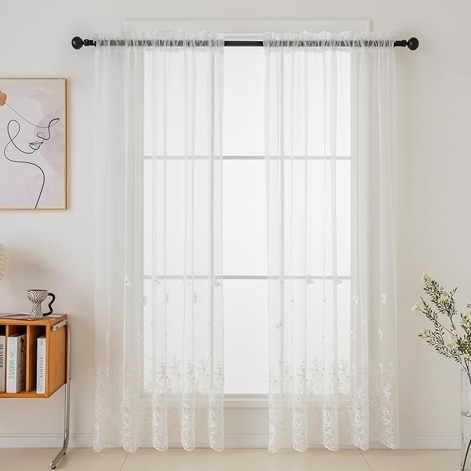VISIONTEX White Sheer Voile Curtains, Decorative White Embossed Butterflies Rod Pocket Window Drapes for Home Kitchen, Living Room and Bedroom 54 x 63 Inch, Set of 2 Curtain Panels