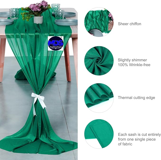 MDS 15 Pack 10ft Chiffon Table Runner 29 x 120 Inches Sheer Wedding Runner Romantic Rustic Table Runner for Wedding Decorations, Birthday Parties, Bridal Shower Party Arch Decor - Emerald Green