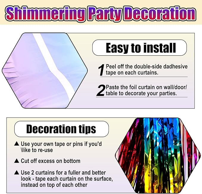 6 Pack Rainbow Foil Fringe Curtain Backdrop, 3.28Ft x 8.2Ft Metallic Tinsel Foil Fringe Streamer Curtains for Photo Booth, Birthday, Wedding, New Year Party Decorations