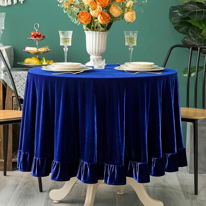 Velvet Tablecloth Luxurious Solid Round Table Cloth,Oblong Retro Farmhouse Ruffle Tablecloths Washable Table Cover for Party Wedding Baby Shower Kitchen Dinning Tabletop Decoration