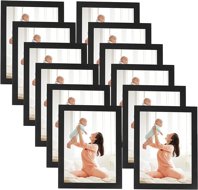 CRUGLA 5x7 Magnetic Picture Frames for Refrigerator 12 Packs, Modified Magnetic Sheet with Self Adhesive Backing, Black 5 by 7 Magnetic Photo Frame Set for Glass Window Door Cubicle