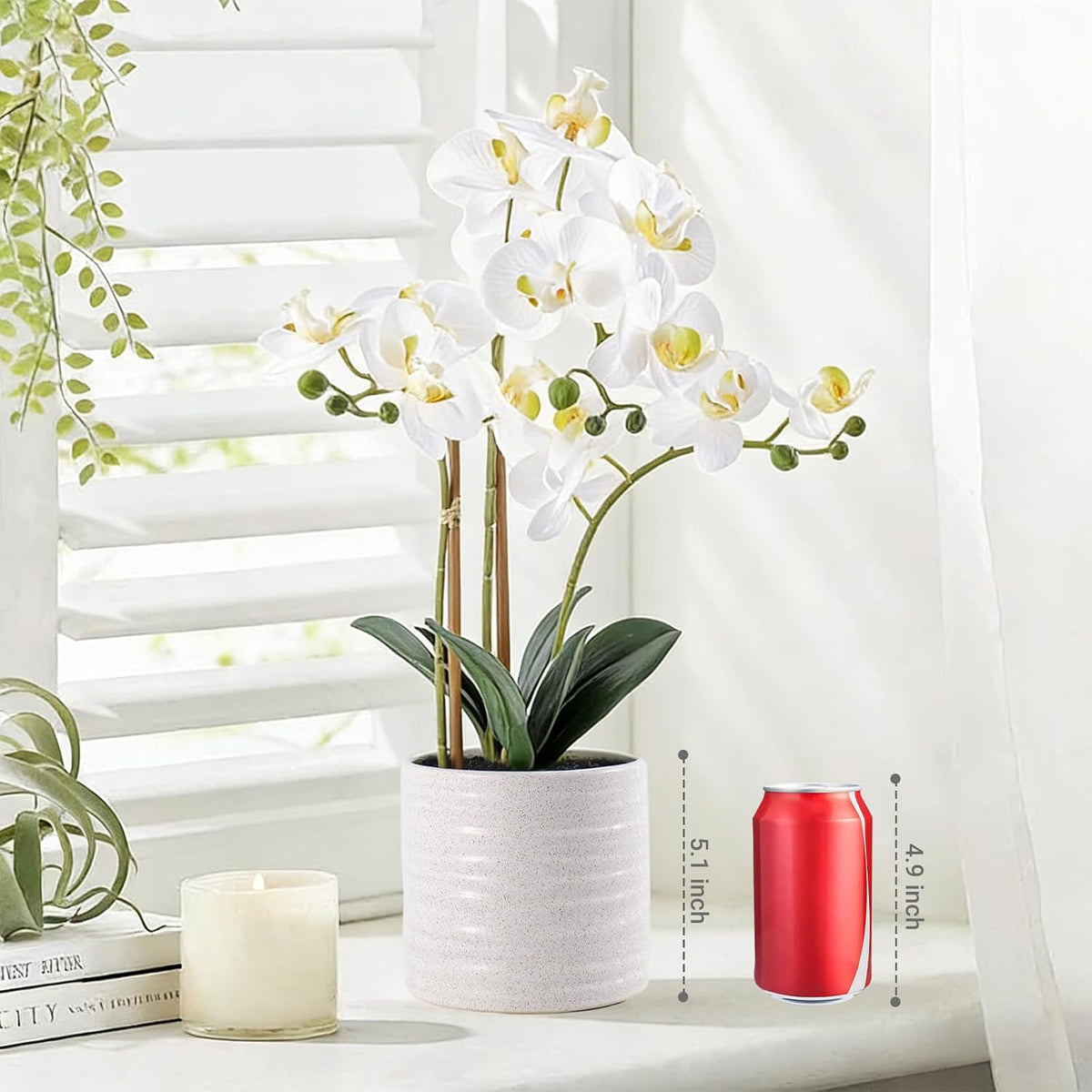 faux orchid plant 23" tall, realistic touch leaves, package contents