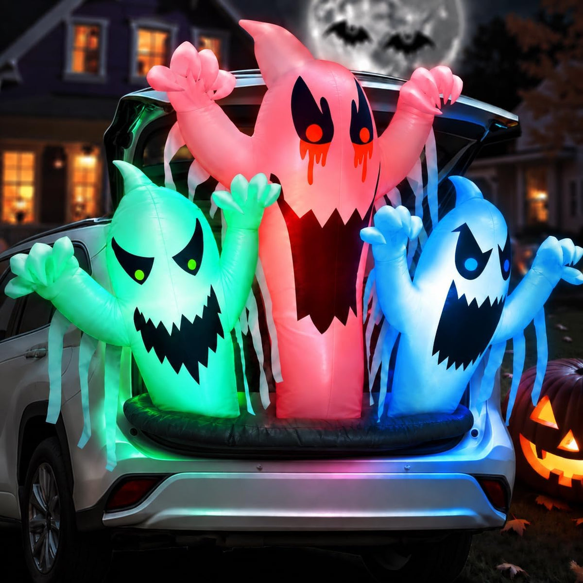 Trunk or Treat Car Decorations Kit 5ft Inflatable Ghost with Built-in LEDs, H...