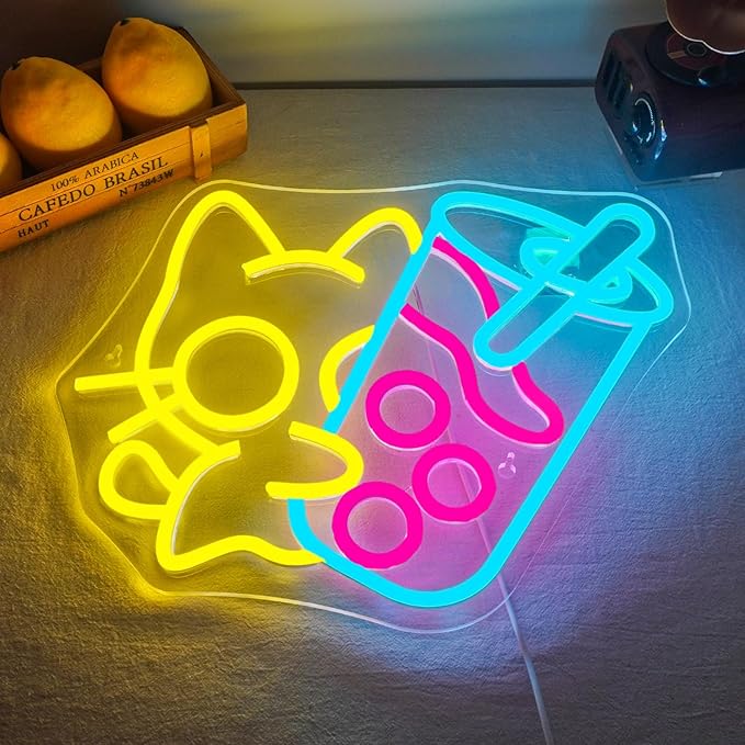 Looklight Cat Boba Tea Neon Sign,Yellow Cute Kitty Bubble Tea Neon Signs for Wall Decor,Dimmable LED Neon Light Bar Sign,USB Light Up Signs for Dimsum Store Bar Milk Tea Shop