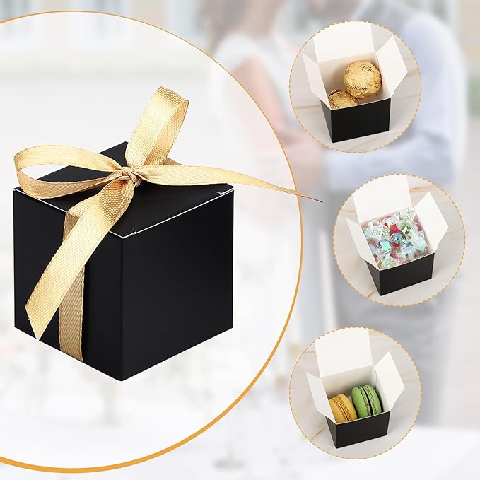 EUSOAR Favor Boxes, 120pcs 2x2x2 Inches Black Small Gift Boxes Macaron Box with Gold Ribbons, Mini Cube Soap Box Candy Storage Chocolate Truffles Container for Wedding Birthday Party DIY Favors