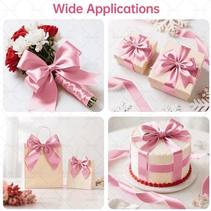 Pink Satin Ribbon 1 Inch Wide x 50 Yards, Double Faced Polyester Ribbon for Gift Wrapping, Wedding Decor, DIY Bows and Party Supplies