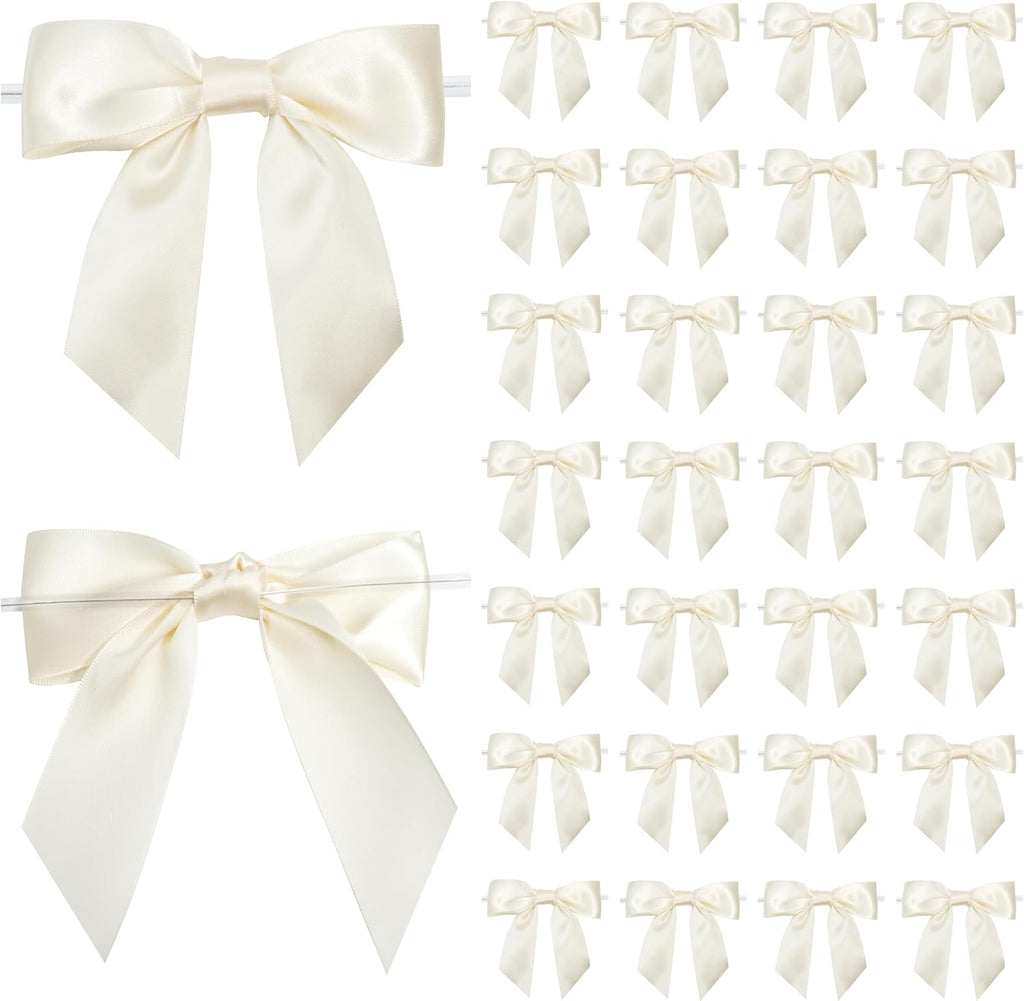Ivory Satin Ribbon Twist Tie Bows 5 Inch Pre-Tied Ivory Gift Bows for Crafts, Treat Bags, Party Favors, Wedding, Baby Shower, Candy Apple, Christmas Tree (36 Pack)