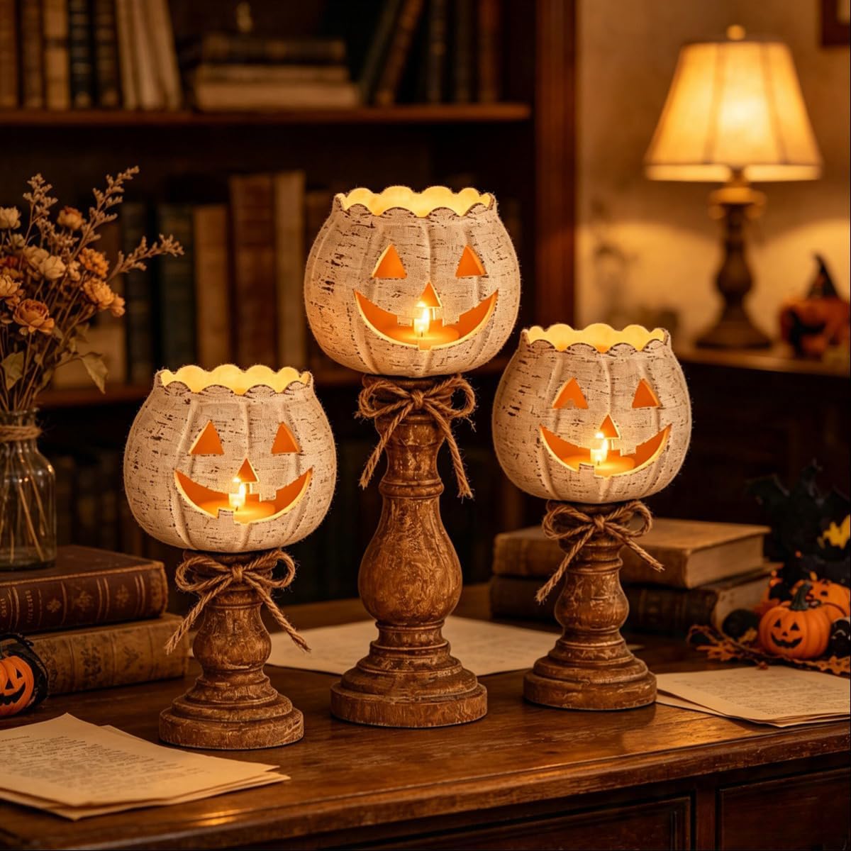 Rustic White Pumpkin Tealight Candle Holder Set, Farmhouse Halloween Pumpkin Tea Light Candle Holders Decor, Fall Tables Centerpieces for Thanksgiving & Halloween Party