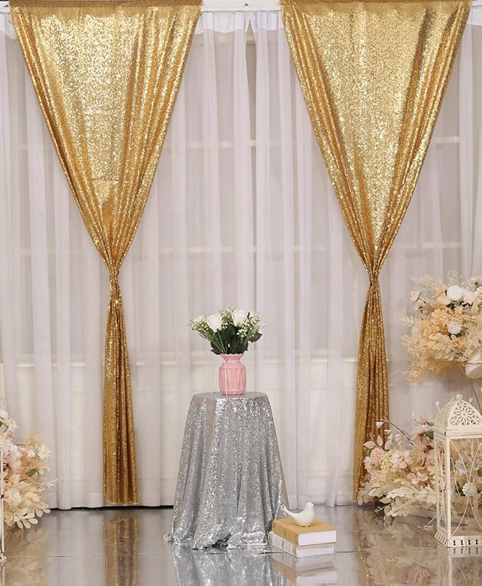 Poise3EHome Gold Sequin Backdrop Curtains,4 Panels 2FTx8FT Glitter Background for Party Birthday Party Baby Shower Wedding Christmas Thanksgiving Halloween Holiday Festival Decor