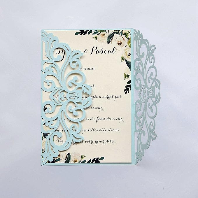 25PCS Light Blue Laser Cut Wedding Invitations Cards with Envelopes,Blank Inner Sheets,Ribbons for Wedding Bridal Shower Quinceanera Engagement Birthday Invites matte light blue B001