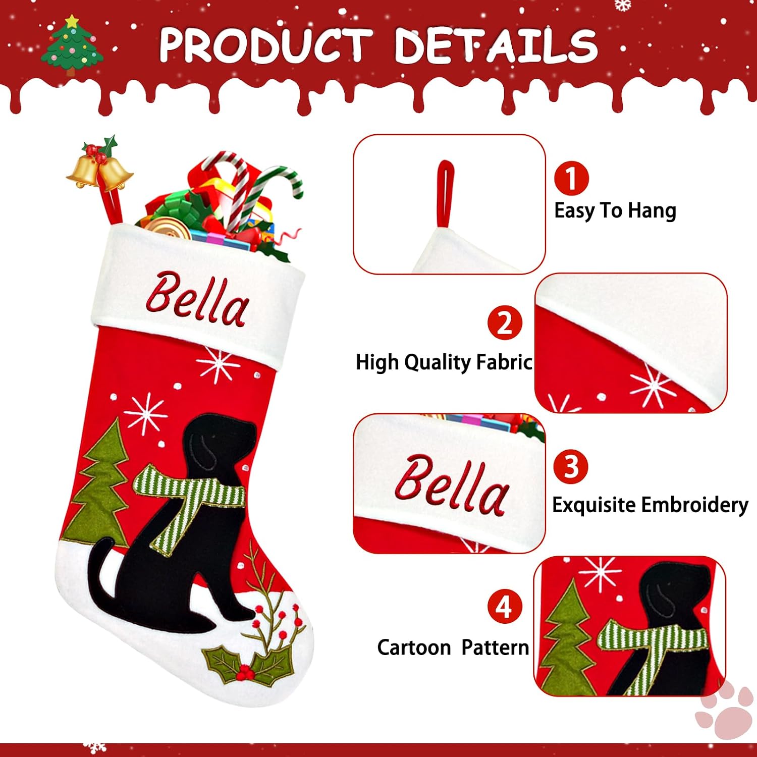 Personalized Cat and Dog Christmas Stocking, Customizable Name 17'' Pet Stocking, Black Cat and Dog Pattern Christmas Stocking, Home Mantel Holiday Hanging Decoration (1 Pack)