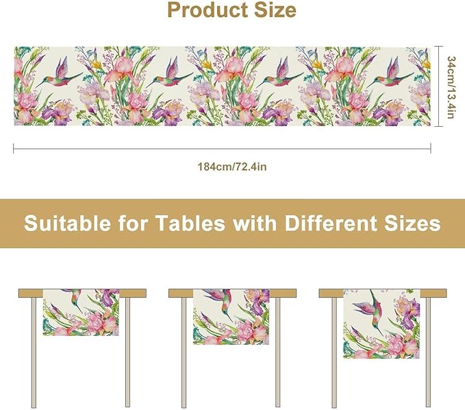 Hummingbird Table Runner,Pink Floral Country Style Table Runner for Kitchen Dining Table Home Party Decoration 13x36 Inch