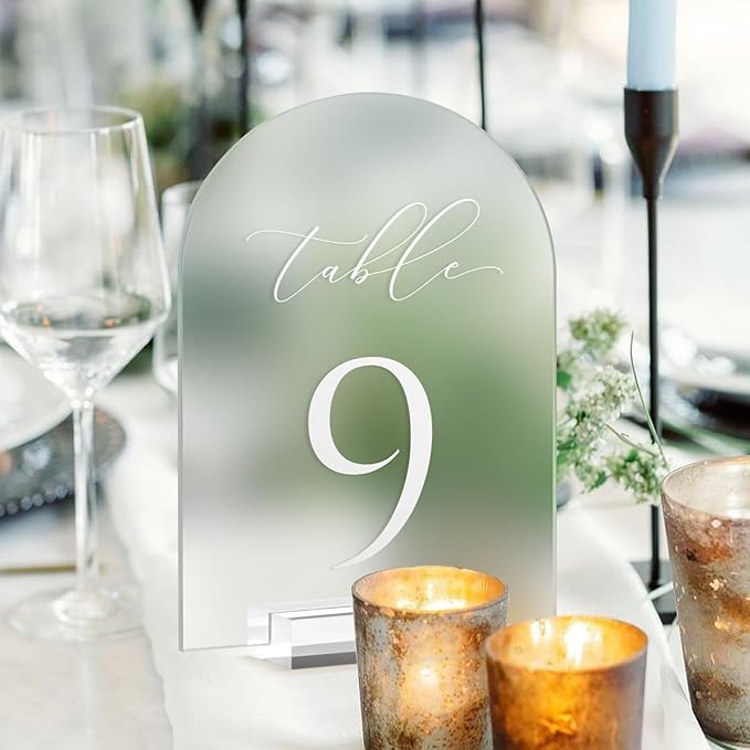 JINMURY Frosted Arch Table Numbers for Wedding, 5x7 Inch Acrylic Table Numbers 1-30 with Stands, Frosted Acrylic Arch Tabletop Sign with Holder for Centerpiece, Reception, Wedding, Party, Event