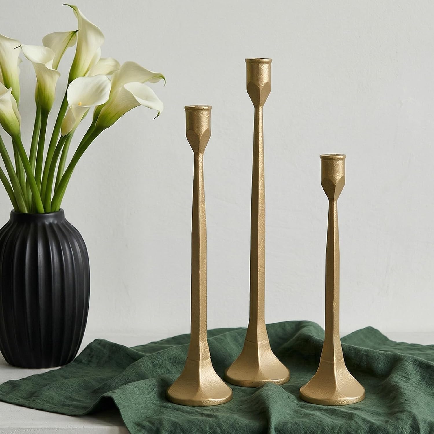 Gold Iron Taper Pillar Candle Holders Set of 3, Candlestick Holders Rustic Vintage Decorations, Tall Candle Stand for Home Decor Mantle Dining Coffee Table Outdoor Wedding-11.8"+13.8"+15.4"