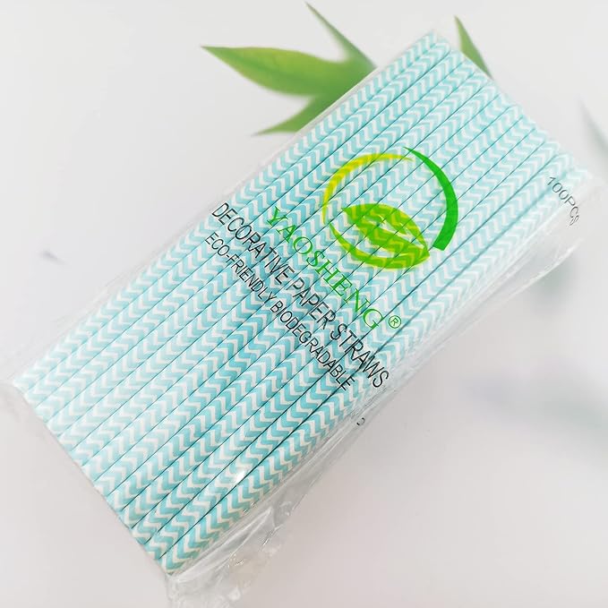 YAOSHENG Premium Disposable Waves Striped Drinking Paper Straws, Pack 100 Light Blue Waves Paper Straws for Cocktail Party Supplies,Birthday,Bridal/Baby Shower,Juice,Shakes (Light Blue Waves)