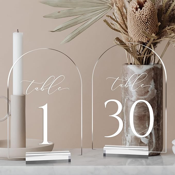 JINMURY Clear Arch Table Numbers for Wedding, 5x7 Inch Arched Acrylic Table Numbers 1-30 with Stands, Clear Acrylic Arch Sign with Holder for Centerpiece, Reception, Wedding, Party, Event