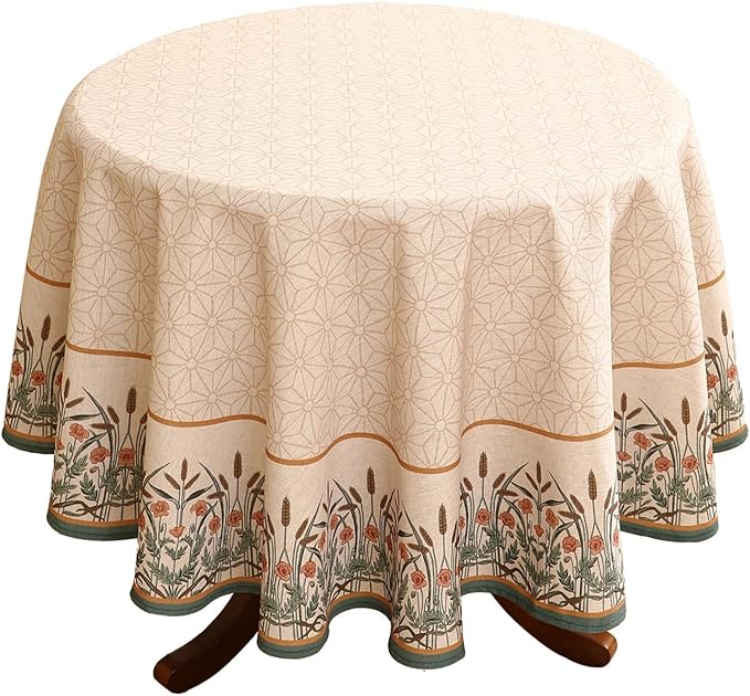 patdrea Designer Linen Vintage Tablecloth for Round Table,Anti-Wrinkle Durable Breathable French Table Cloth,Dacorative for Kitchen Dining,Party,Christmas,Thanksgiving,Diameter 55"-Cudillero