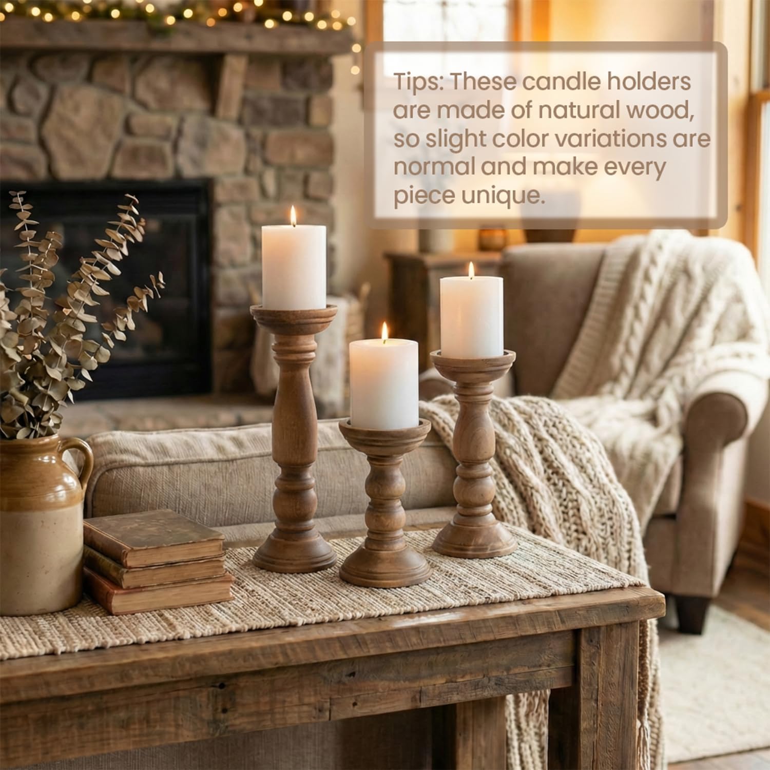 BANOMII Farmhouse Wooden Candle Holders for Pillar Candles Set of 3, Rustic Wood Candle Holder Table Centerpiece Decor, 12'' 9'' 6'' Vintage Tall Candle Stand Decorative, Brown