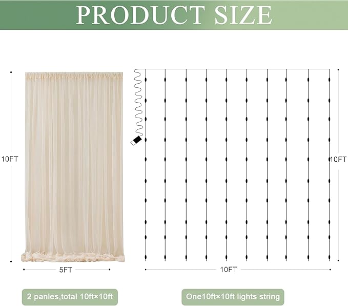 Tulle Backdrop Curtain with Lights String 10FT X 10FT Champagne Sheer Tulle Backdrop Curtains for Wedding Birthday Party Reception Photo Booth Background Decorations (2 Panels 5x10FT)