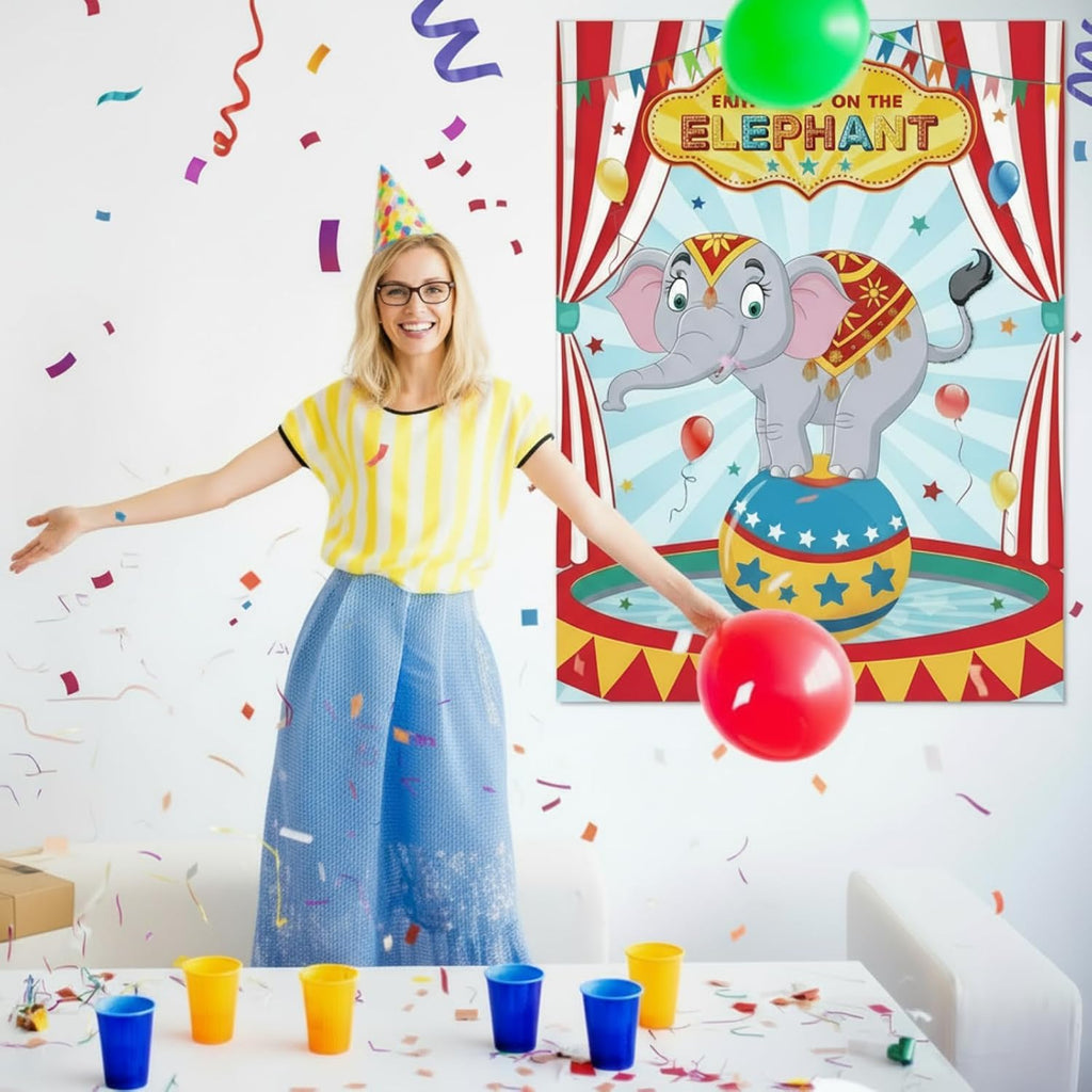 Faccito Carnival Circus Party Games Pin The Stickers on The Large Poster with 24 Pcs Stickers Blindfold Carnival Pin Game Set for Circus Birthday Party Decorations Activities Supplies(Elephant)