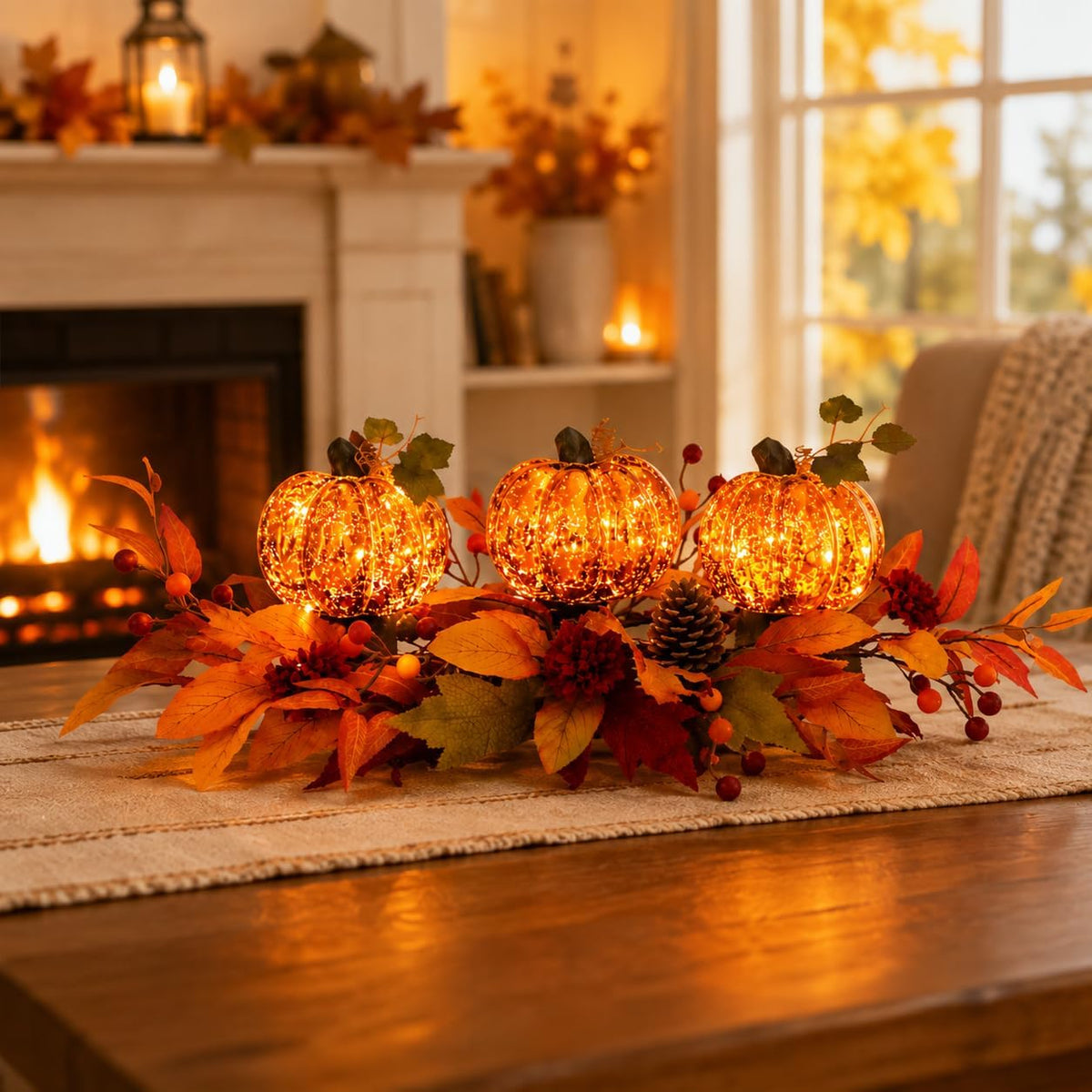 LED Lighted Pumpkin Fall Centerpiece with Maple Leaves, Berries & Pinecon...