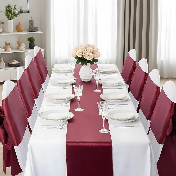 SHEJIZE 2 Pack Wine Red Satin Table Runner 12x108 Inches Long, Bright Silky Smooth Satin Table Runner Table Decor for Wedding Banquet Christmas Prom Event Birthday Party
