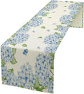 Watercolor Hydrangea Flower Table Runner, Spring Summer Seasonal Plants Butterfly Blue Dinner Runner for Home Kitchen Dining Table Party Holiday Decoration 13"x90"