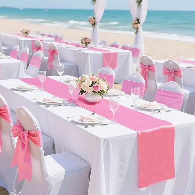 SHEJIZE 10 Pack Pink Satin Table Runner 12x108 Inches Long, Bright Silky Smooth Satin Table Runner Table Decor for Wedding Banquet Christmas Prom Event Birthday Party