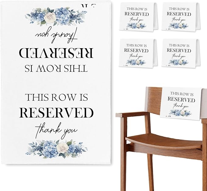 Reserved Seating Chair Signs, This Row Is Reserved Pew Cloths Seating Placeholder for Church Pews, Wedding Decorations for Reception Parties Celebrations Event Meetings (Blue Floral, 4 PCS)