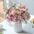 LESING Artificial Silk Rose with Vase Fake Flowers Wedding Flowers Bouquets Arrangement Home Office Party Centerpiece Table Decoration (Pink)