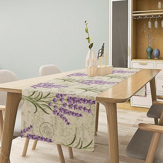 Floral Lavender Table Runner,Vintage Rustic Country Romantic Purple Flower Pattern Print Burlap for Hotel Indoors Outdoor Dining Room Kitchen Home Decor, 13x108in