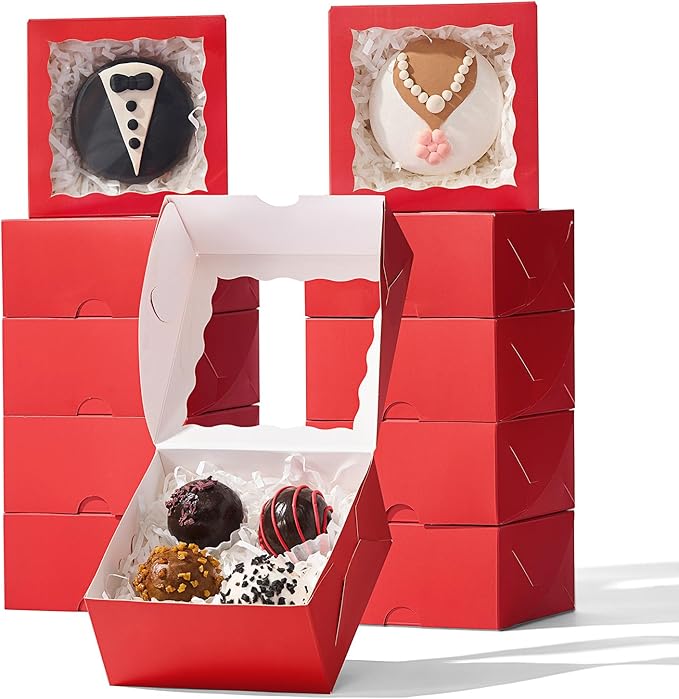 50-Count 4x4x2 Food-Safe Classic Red Bakery Boxes - Multi-Use Pastry & Treat Packaging for Cookies, Truffles & Wedding Favors (Stackable Gift Boxes for Cakes, Pies & Cinnamon Rolls)