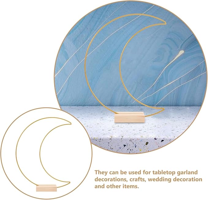Dining Table Decor 10 Sets Metal Floral Hoop Moon Shaped Metal Wreath Ring Stand with Wood Holder Centerpiece Table Decor for DIY Xmas Wedding Table Decor Flower Garlands (Moon,26x20cm