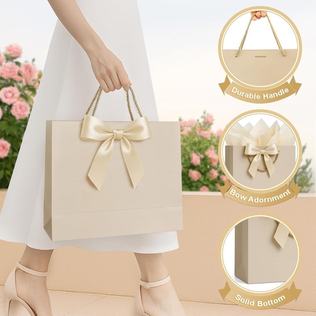 ANZNKU Gift Bags Medium with Handles with Ribbon Card and 2 Tissue Paper, 1 Pcs Cute Champagne Beige Paper Gift Wrap Bag for Wedding Party Favors Birthday Baby Bridal Shower Engagement & Graduation