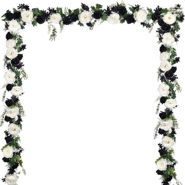 Lvydec 2 Pack Artificial Peony Flower Garland - 6ft Silk Peony Flower Garland for Wedding Party Table Decoration (Black&White)