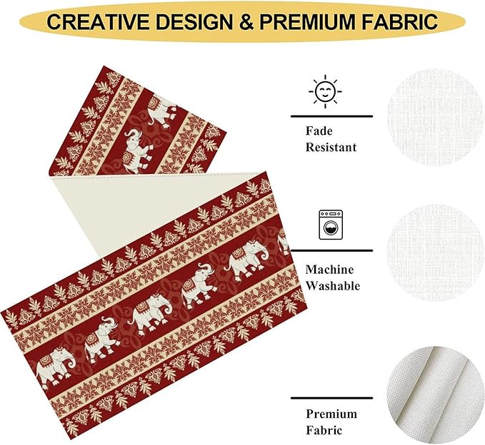Boho Elephant Table Runner, Vintage Tribal Traditional African Animals Ethnic Folk Red Table Center Decor for Home Kitchen Dining Patio Holiday Party Indoor Outdoor Table Decorations, 13"x108" Inch