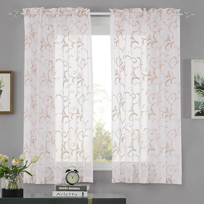 MYSTIC-HOME Sheer Curtains White 63 Inches, Boho Curtains for Bedroom Rod Pocket Farmhouse Drapes with Floral Patterned for Living Room, Embroidery Panels Vintage Country Curtains Set of 2, 52"x 63".