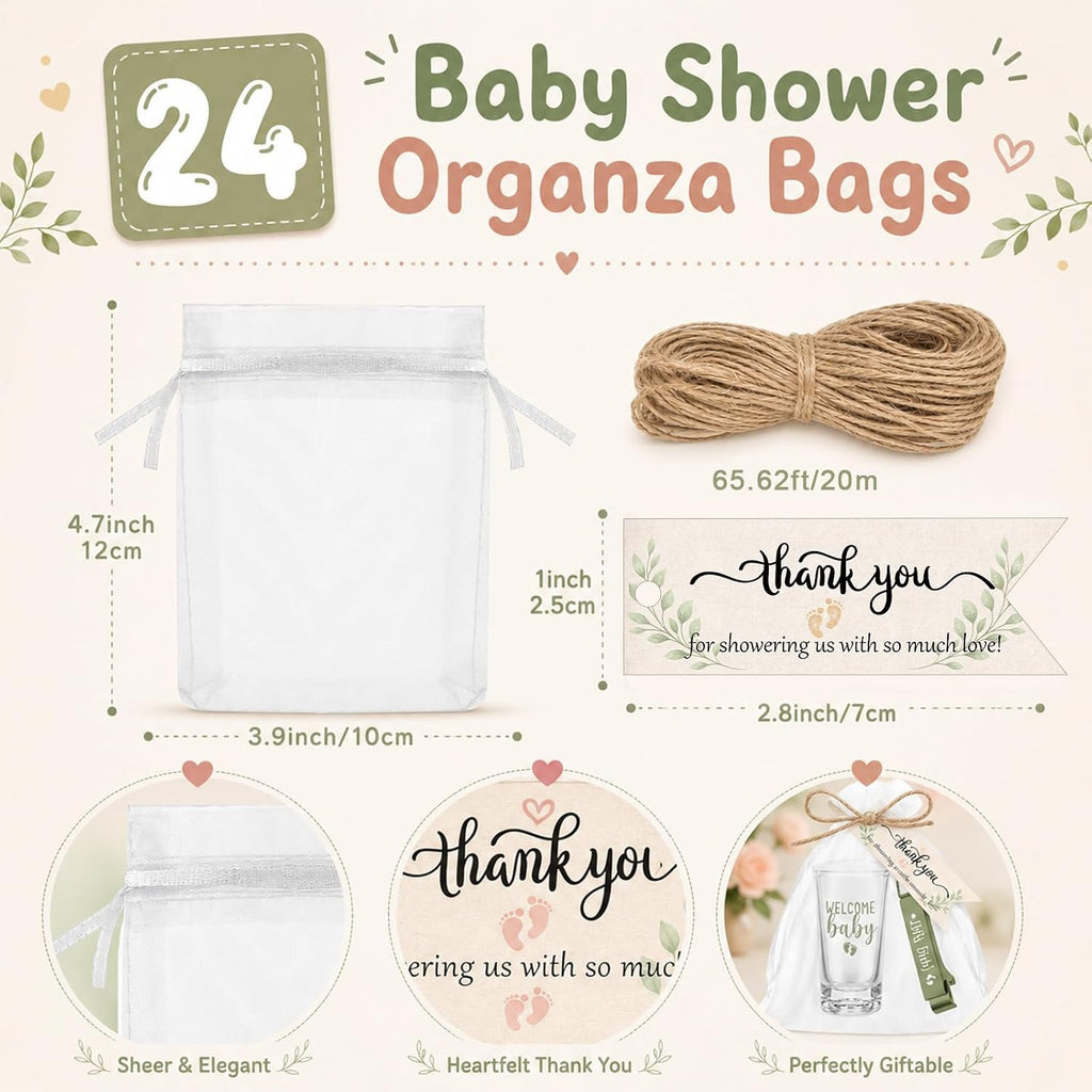 Pickmesh 96 Pcs Baby Shower Party Favors for 24 Guest, Boy Girl Shot Glasses Gifts, Bottle Openers, Thank You Tags, Organza Bags Gender Reveal Party Baby Shower Return Gifts for Guest (Sage Green)